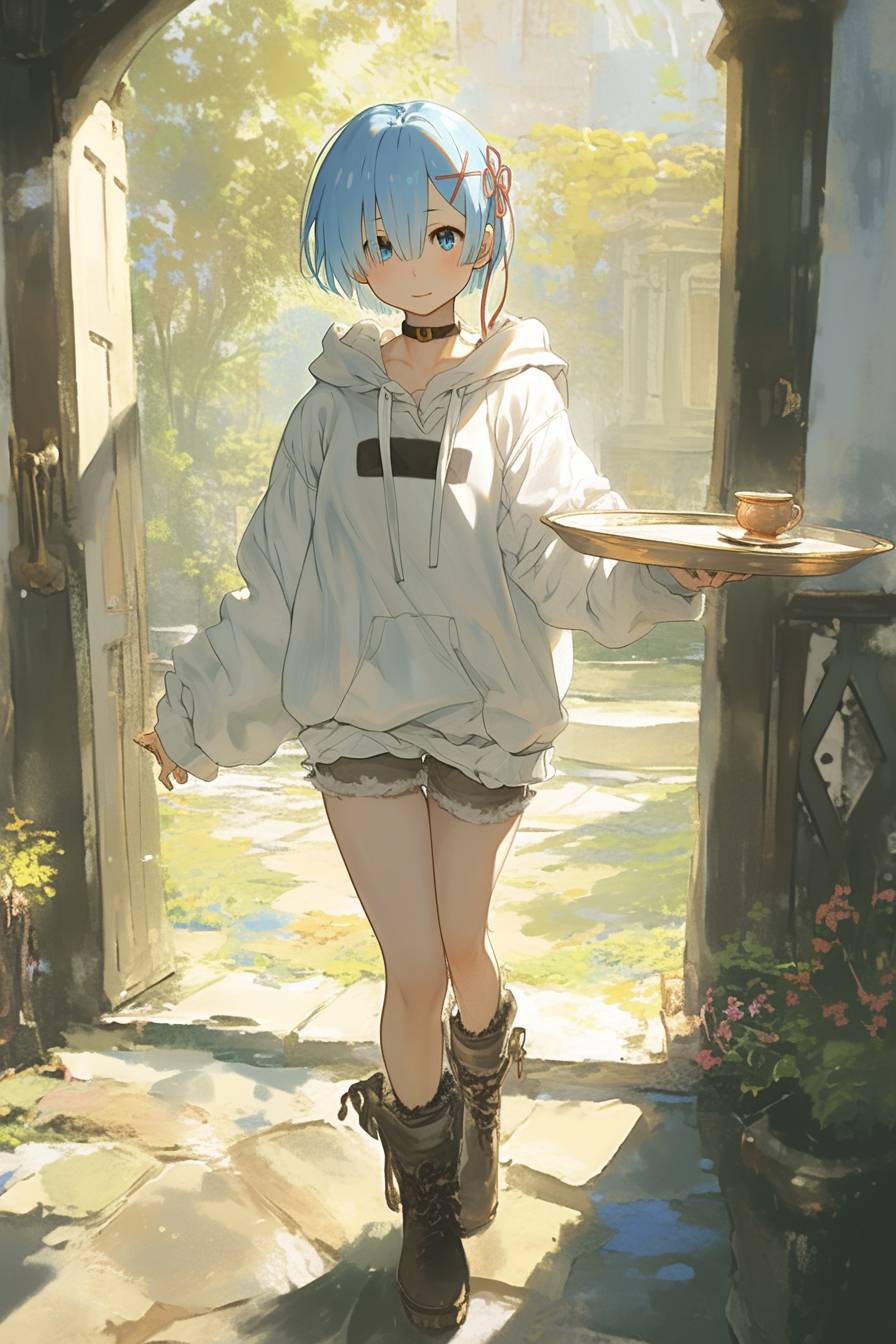 Rem from Re:Zero in Billie Eilish's oversized outfit, wearing a baggy hoodie, shorts, and chunky boots in a quiet mansion with soft morning mist.