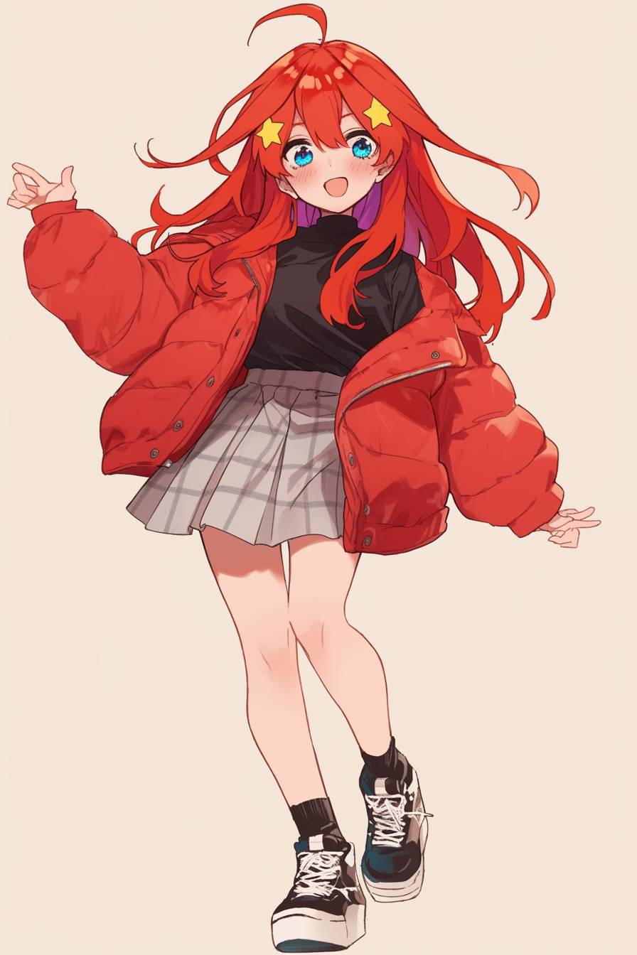 Un personnage de style anime enjoué inspiré d'Itsuki Nakano, avec des cheveux rouges, une veste bouffante, une mini-jupe et des baskets chunky, posant énergiquement.