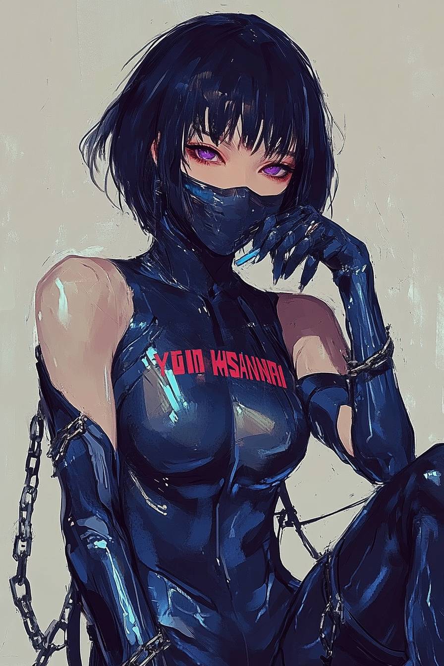 Die schöne Motoko Kusanagi trägt einen schwarz-blauen Ganzanzug mit langen fingerlosen Handschuhen, kurzen dunklen Haaren und lila Augen, im Sitzen vor grauem Hintergrund.