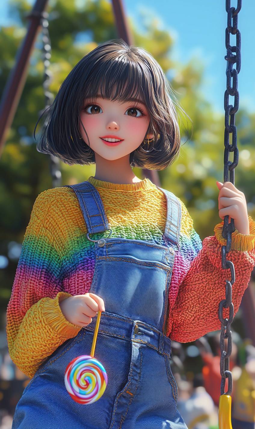 Playful anime girl with bob hair in a rainbow sweater and denim overalls, holding a lollipop in a sunny park.