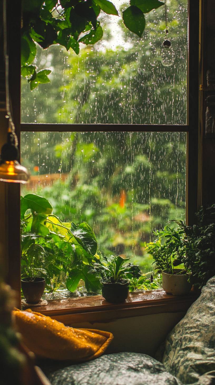 Uma vista aconchegante da janela da chuva caindo em um jardim exuberante.