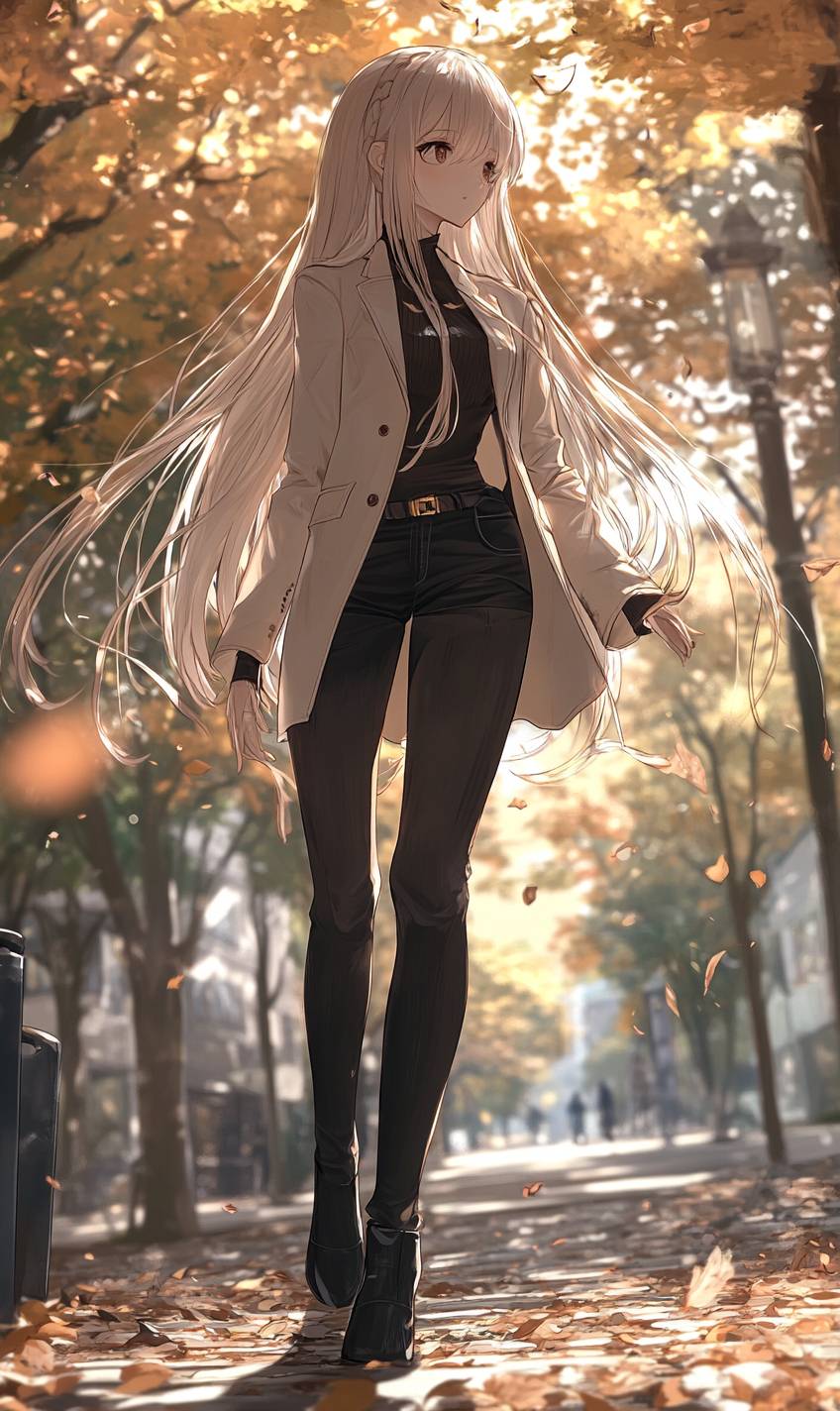 Ein elegantes Anime-Mädchen in einem cremefarbenen Blazer und schwarzen Skinny-Jeans.