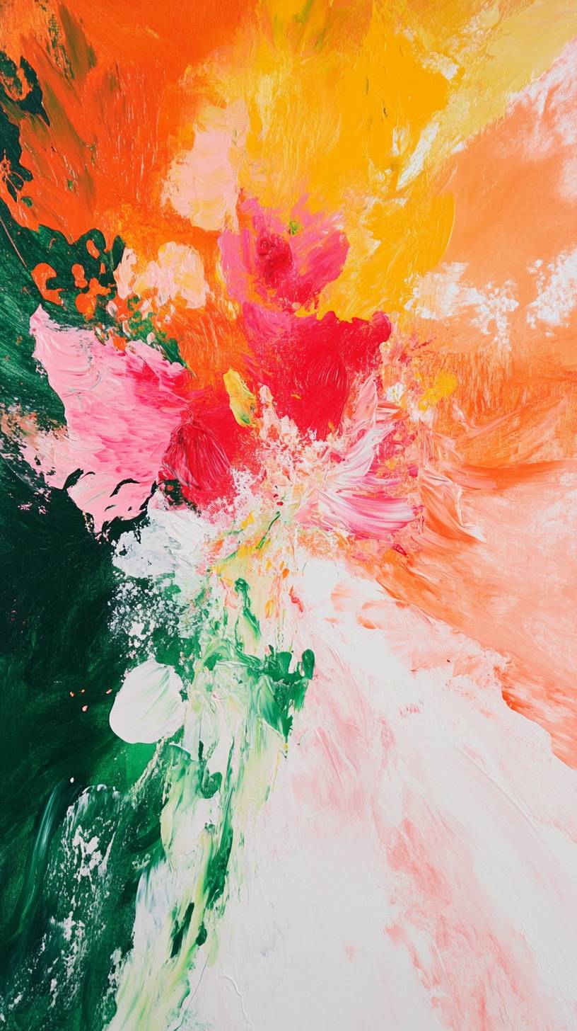 Esta é uma pintura abstrata colorida com explosões florais vibrantes em vermelho e verde.