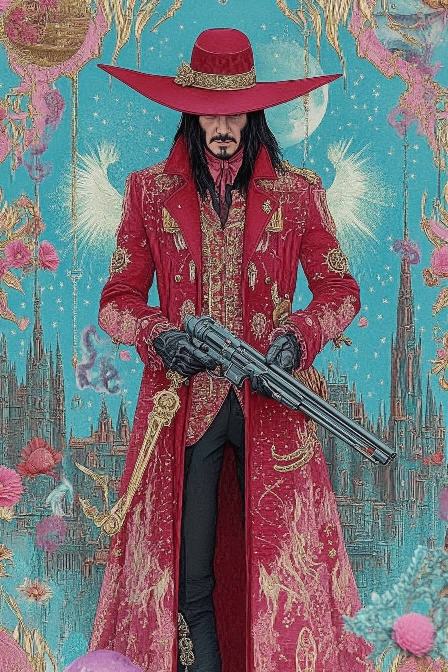 Keanu Reeves cosplay de Alucard de Hellsing, vestindo um casaco vermelho e chapéu, segurando armas, em um castelo gótico, estilo anime.