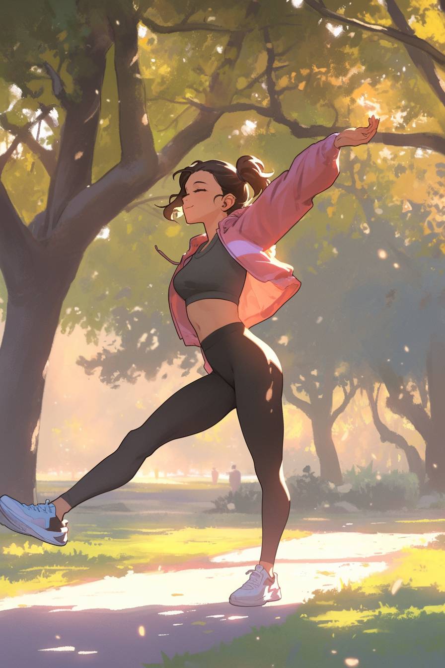 Inori is wearing Millie Bobby Brown’s casual vibe, in a bomber jacket, leggings, and chunky boots, practicing stretches in a misty park.