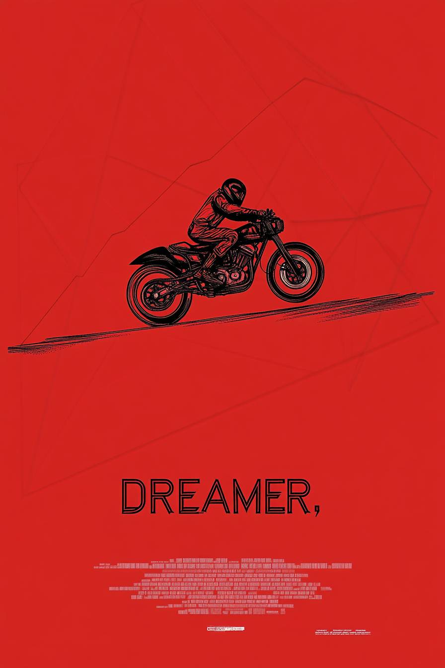 Póster de la película 'DREAMER', diseño minimalista con líneas gruesas y un motociclista sobre un fondo rojo.