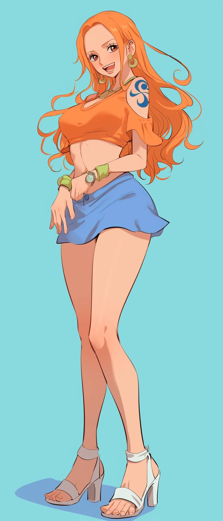 Ice Spice cosplaying as Nami from One Piece, wearing an Acne Studios orange crop top, blue mini skirt, gold coin necklace, and white sandals.