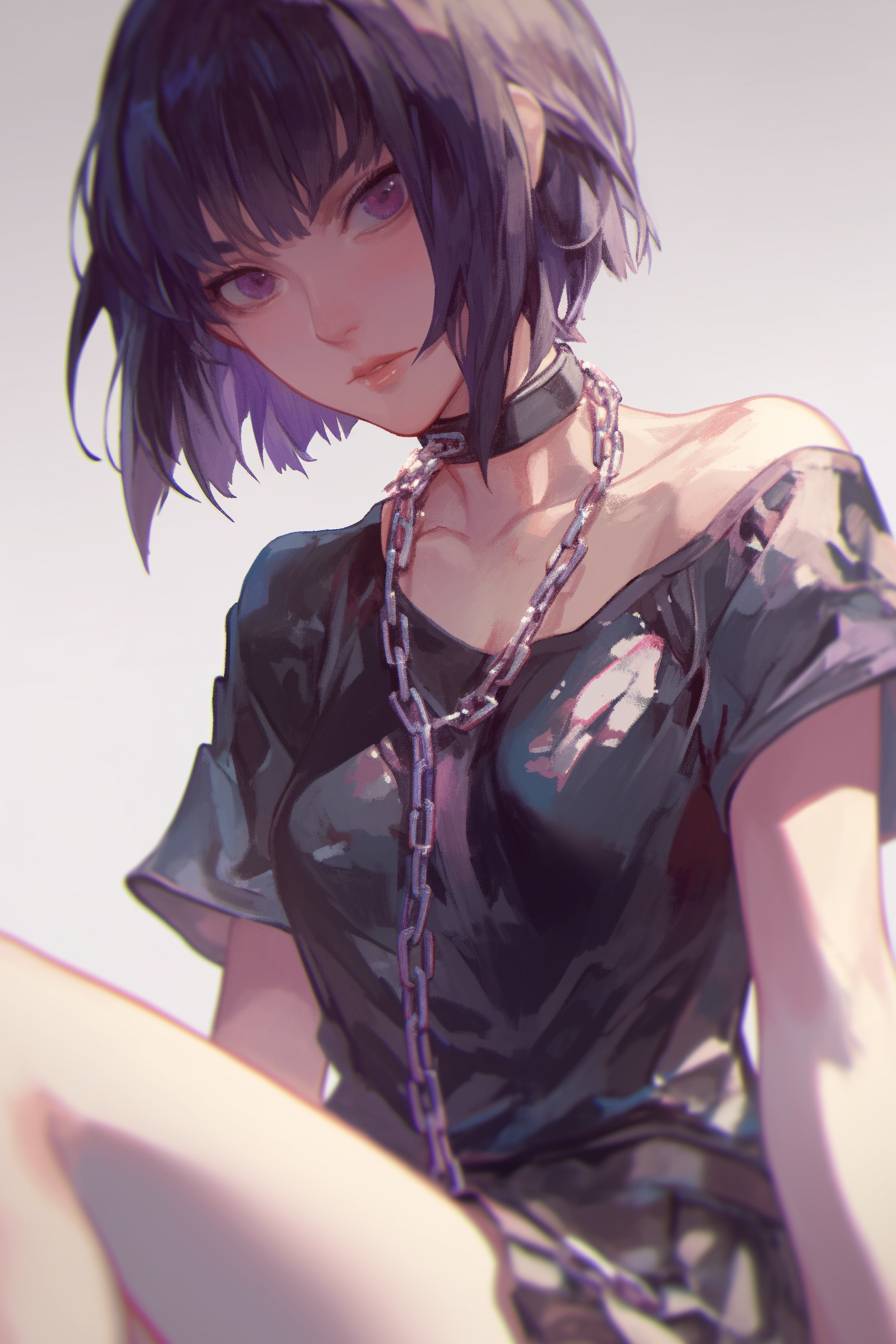 Una hermosa Konan con falda plisada y camiseta, en posición sentada, con cadenas alrededor del cuello y fondo gris.