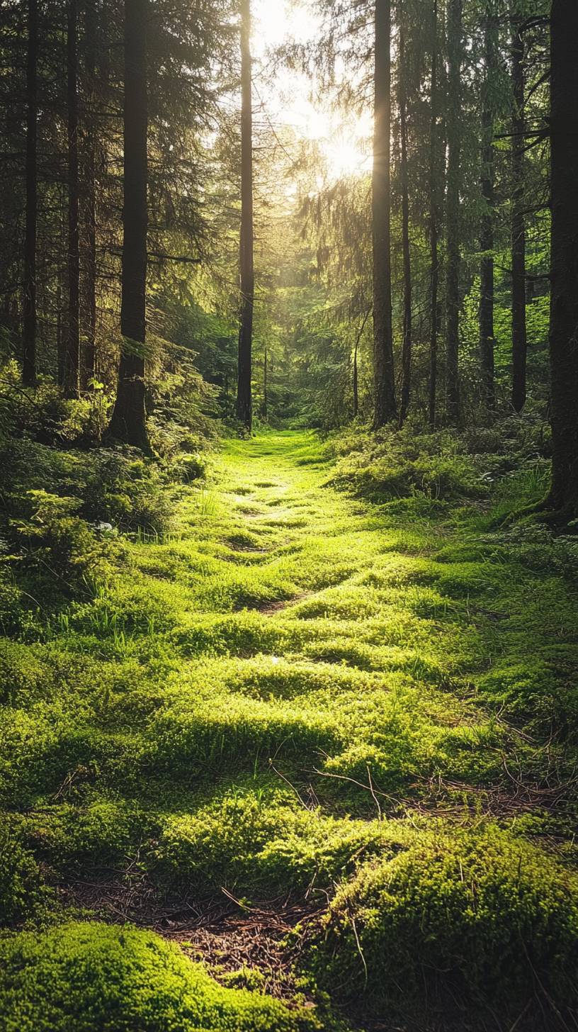 Sendero forestal tranquilo con suave musgo y luz solar.