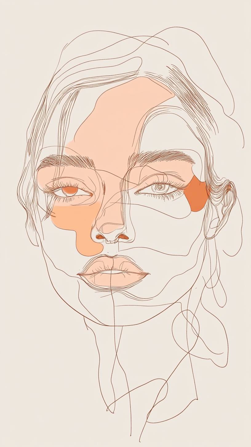 Minimalist portrait sketch, single continuous line, pale peach hues, airy composition.