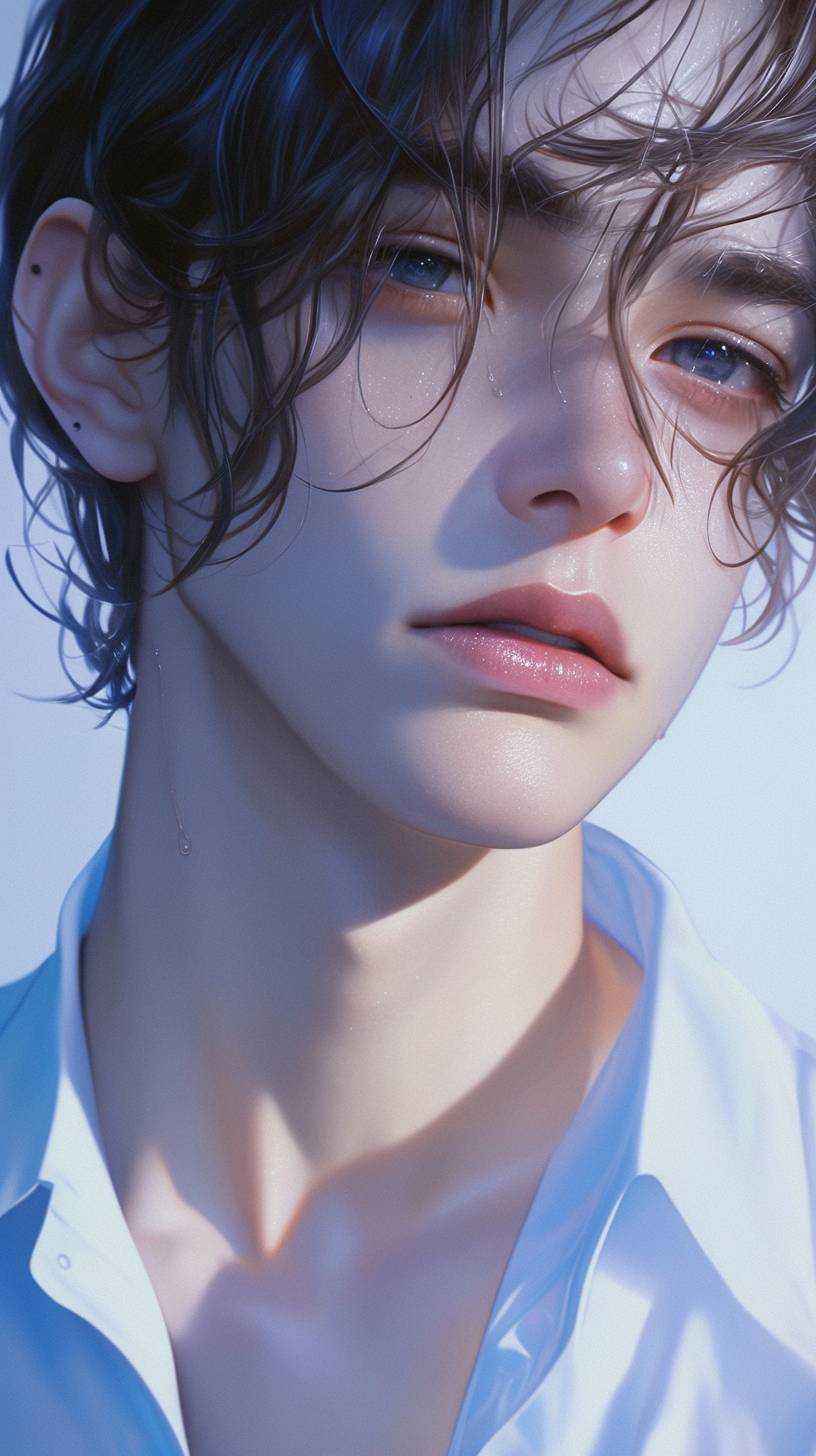 A stunningly handsome young man in a blue and white school uniform, showcasing intricate emotional depth and mesmerizing eyes.