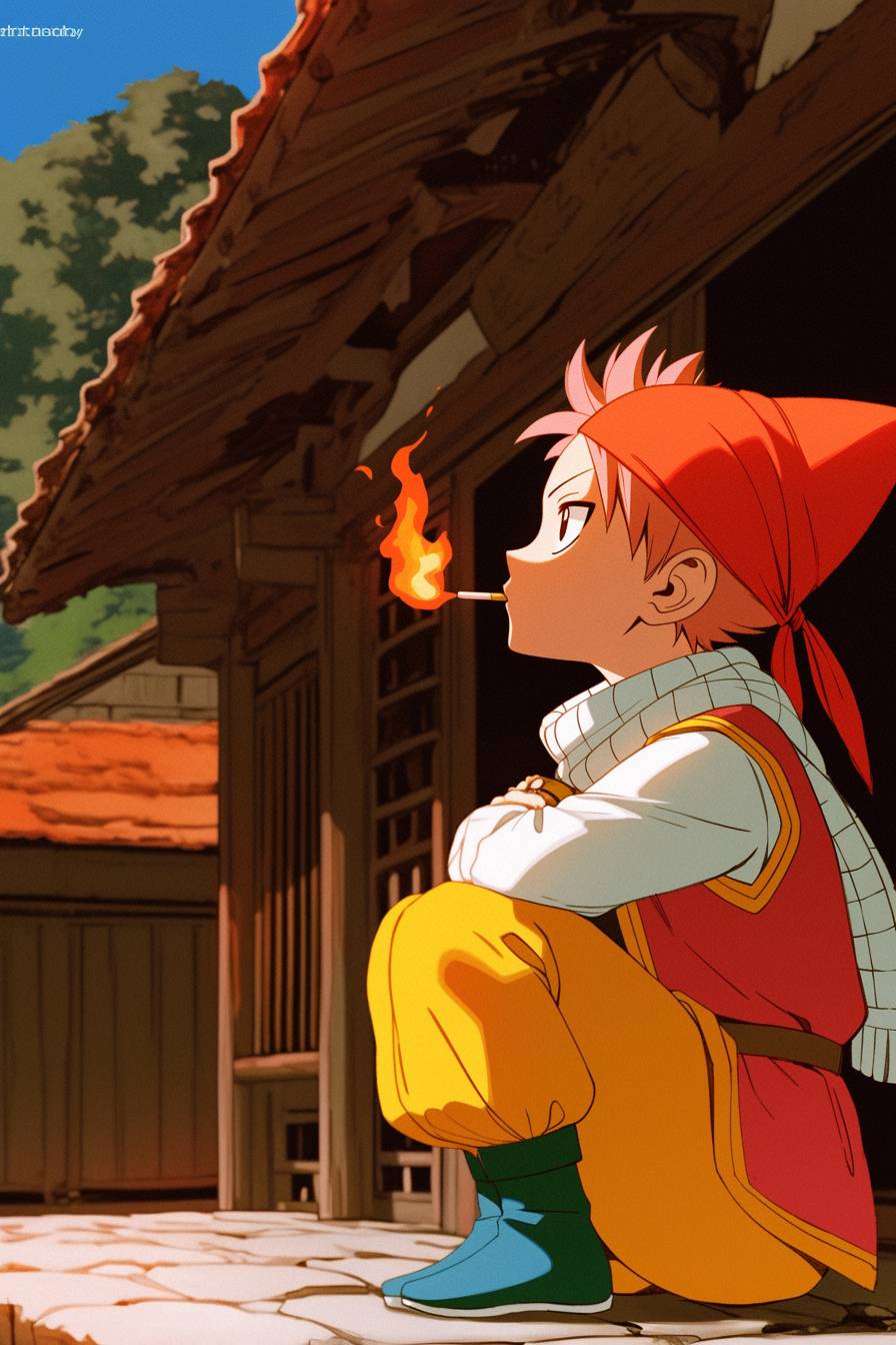 Lewis Capaldi déguisé en Natsu Dragneel de Fairy Tail, portant un gilet rouge, magie de feu flamboyante dans un village de montagne, style anime vivant.