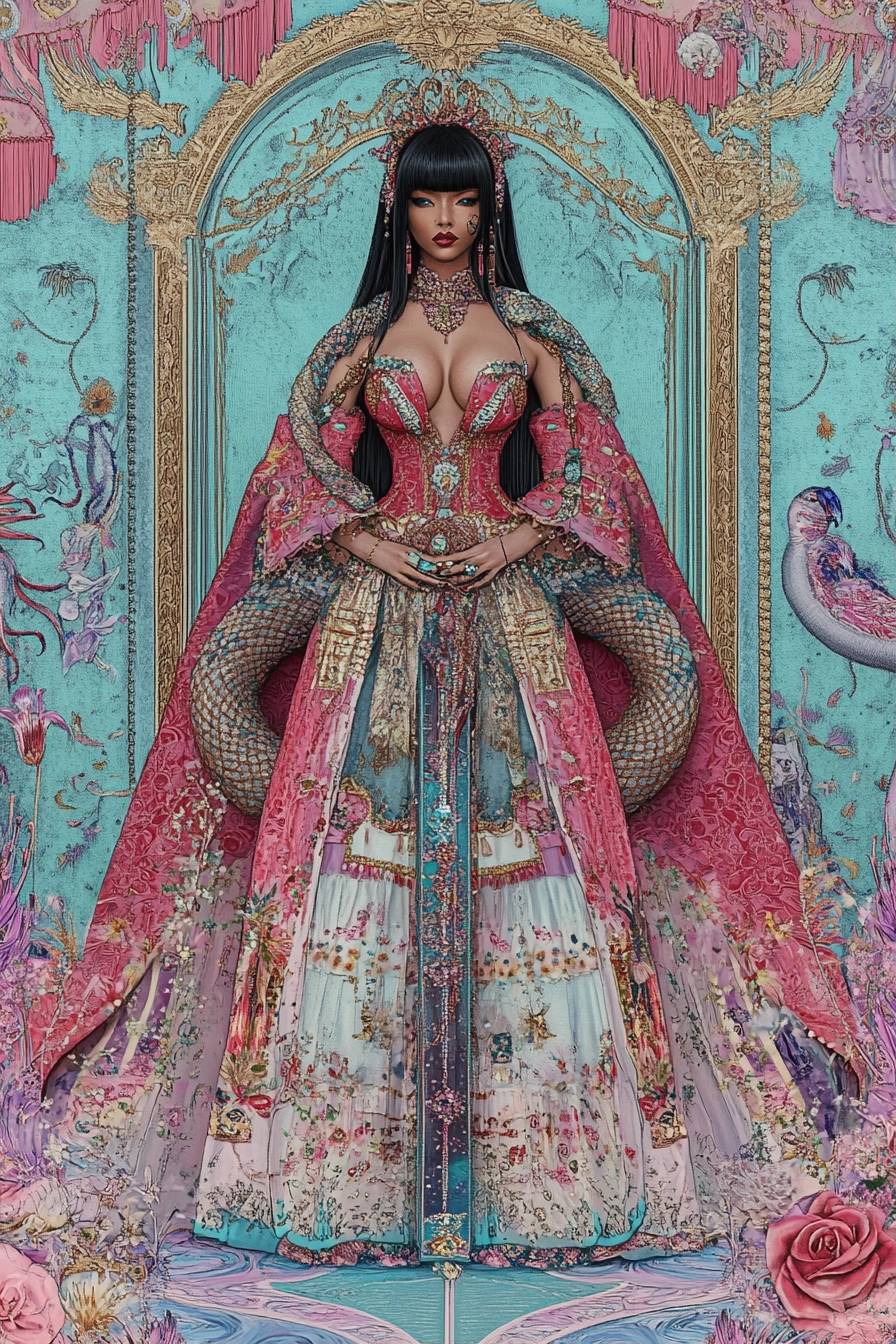 Nicki Minaj fantasiando como Boa Hancock de One Piece, vestindo um vestido vermelho em uma pose régia