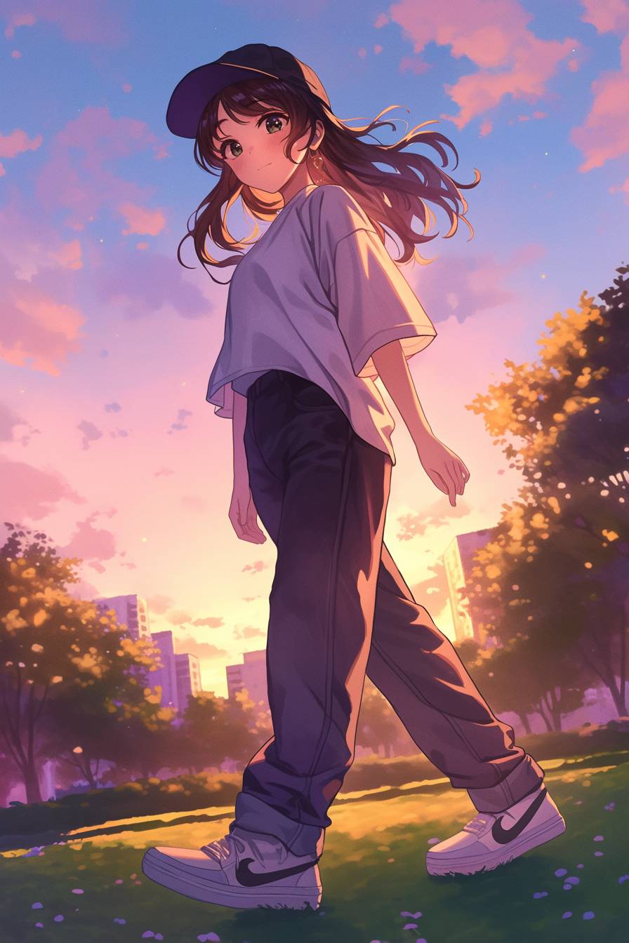 Shikimori is wearing Billie Eilish's relaxed fit t-shirt, jeans, and sneakers, walking confidently in a park.