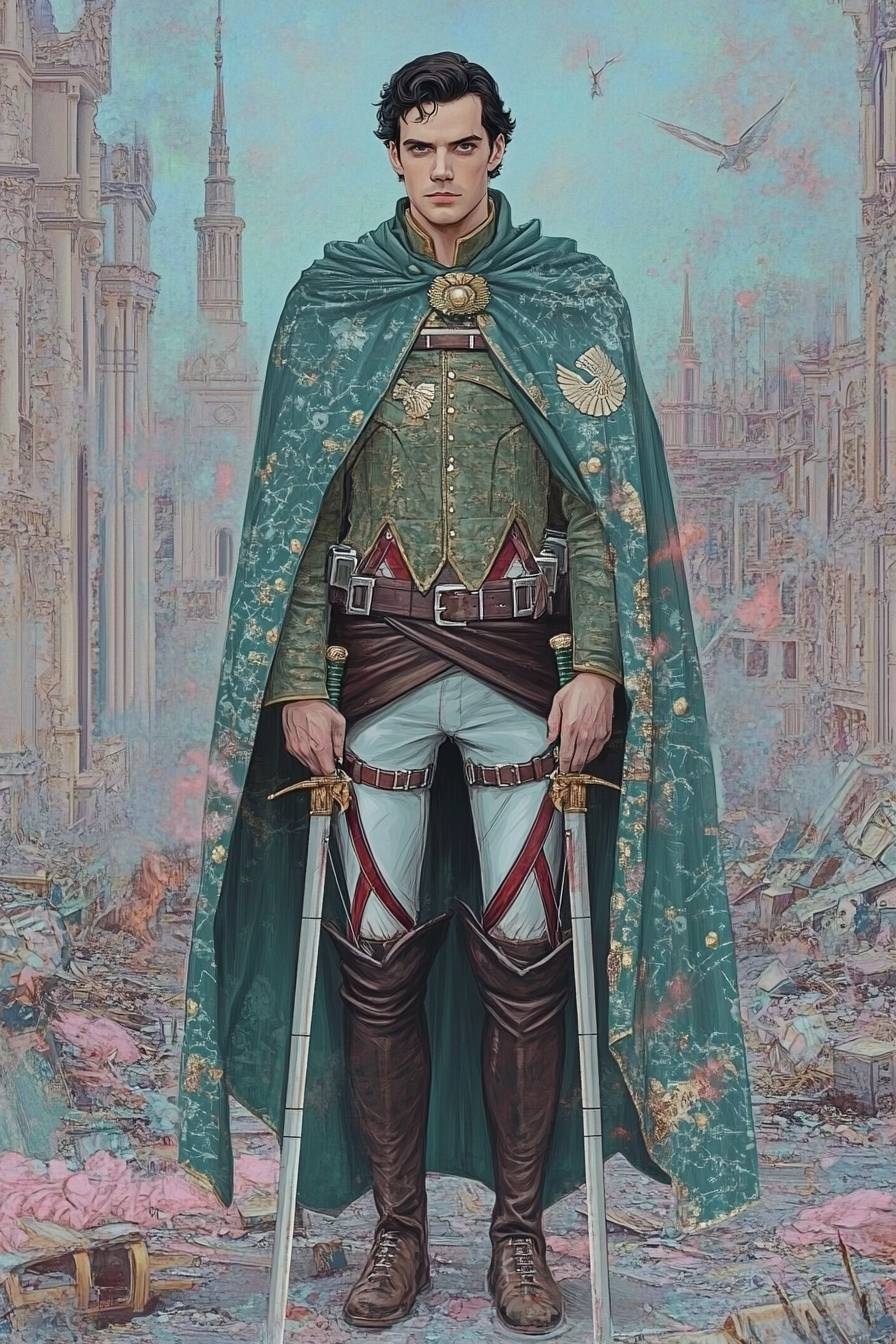 Henry Cavill cosplaying as Levi Ackerman from Attack on Titan, wearing a green cloak and dual blades in a ruined cityscape.