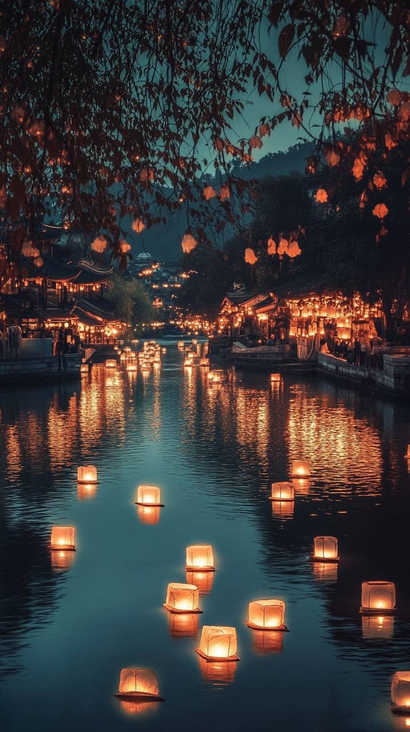 Glowing lantern festival over a calm river at night