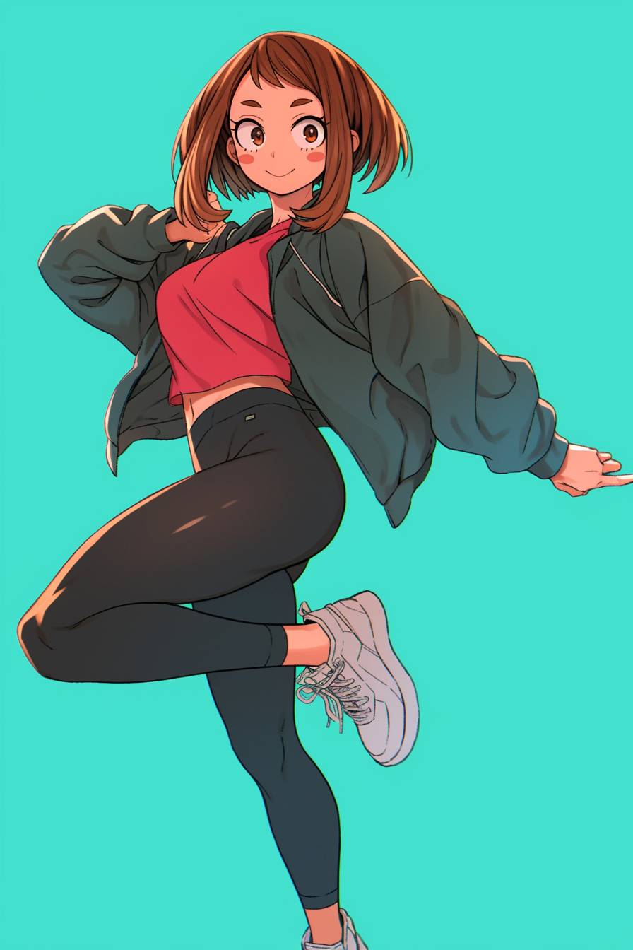 Una confident anime mujer que canaliza a Ochaco Uraraka de My Hero Academia, vestida con una chaqueta corta deportiva, joggers y zapatillas, posando dinámicamente.