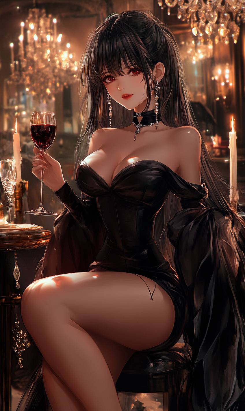 Uma garota de anime sofisticada vestindo um vestido preto sem alças, brincos de pérola e saltos altos, segurando uma taça de vinho.