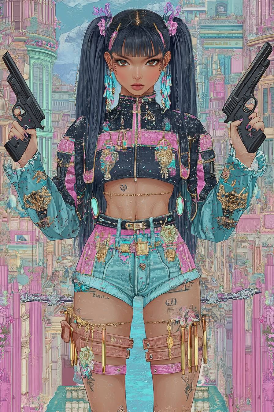 Rihanna en cosplay de Revy de Black Lagoon, portant un crop top et un short, maniant des pistolets dans un arrière-plan urbain gritty.