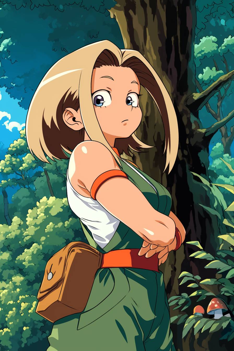 Hailee Steinfeld cosplaying as Ochako Tsunade from My Hero Academia in a green ninja outfit, standing in a forest clearing.