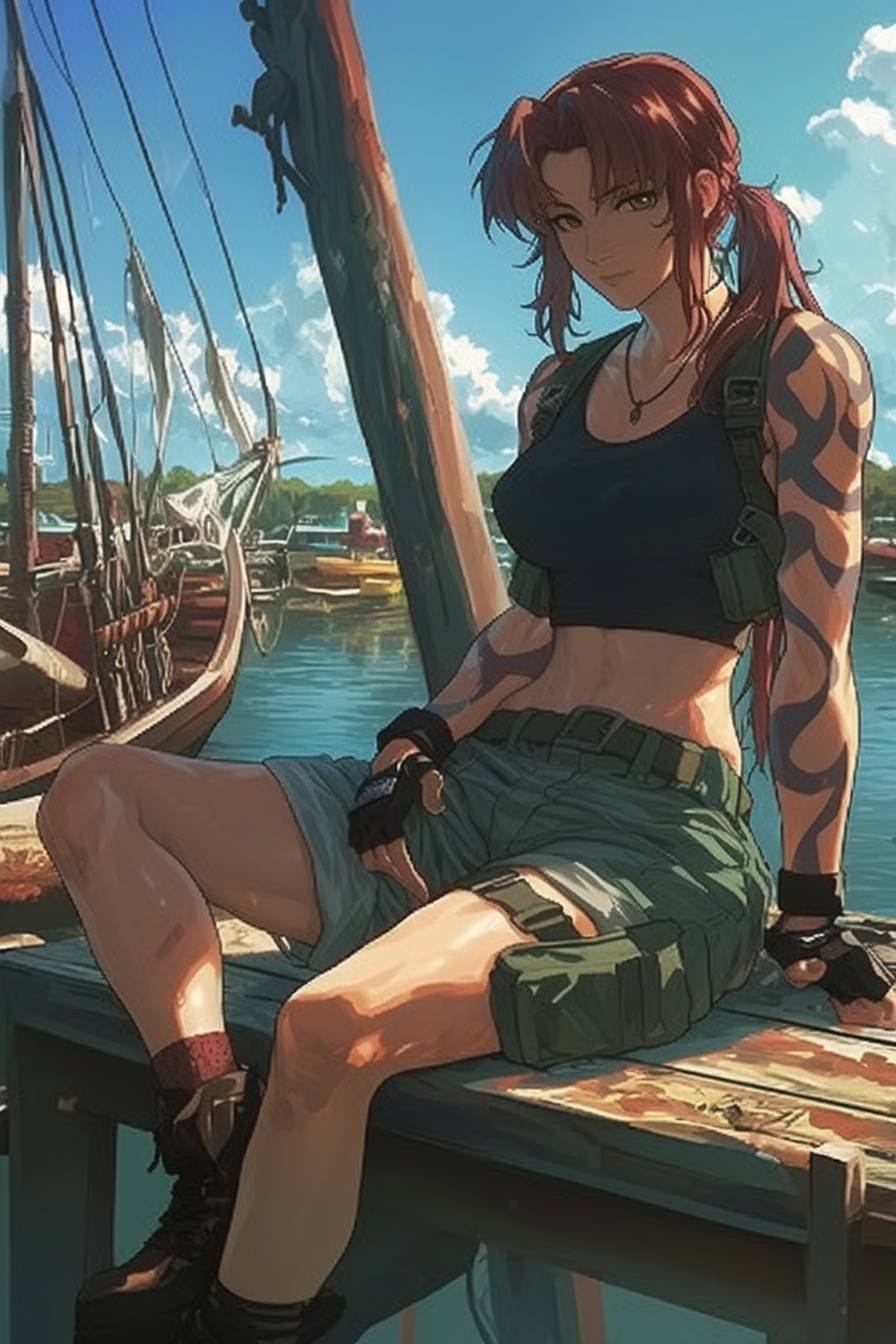 Revy is wearing Rihanna's tough style, a cropped tank, cargo pants, and boots, leaning against a boat dock.