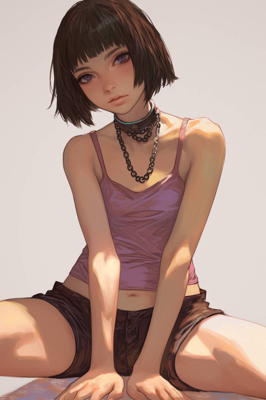 A beautiful Maka Albarn wearing shorts and a tank top, with light purple eyes and short bob cut dark hair, in a seated pose with chains around her neck, on a grey background.