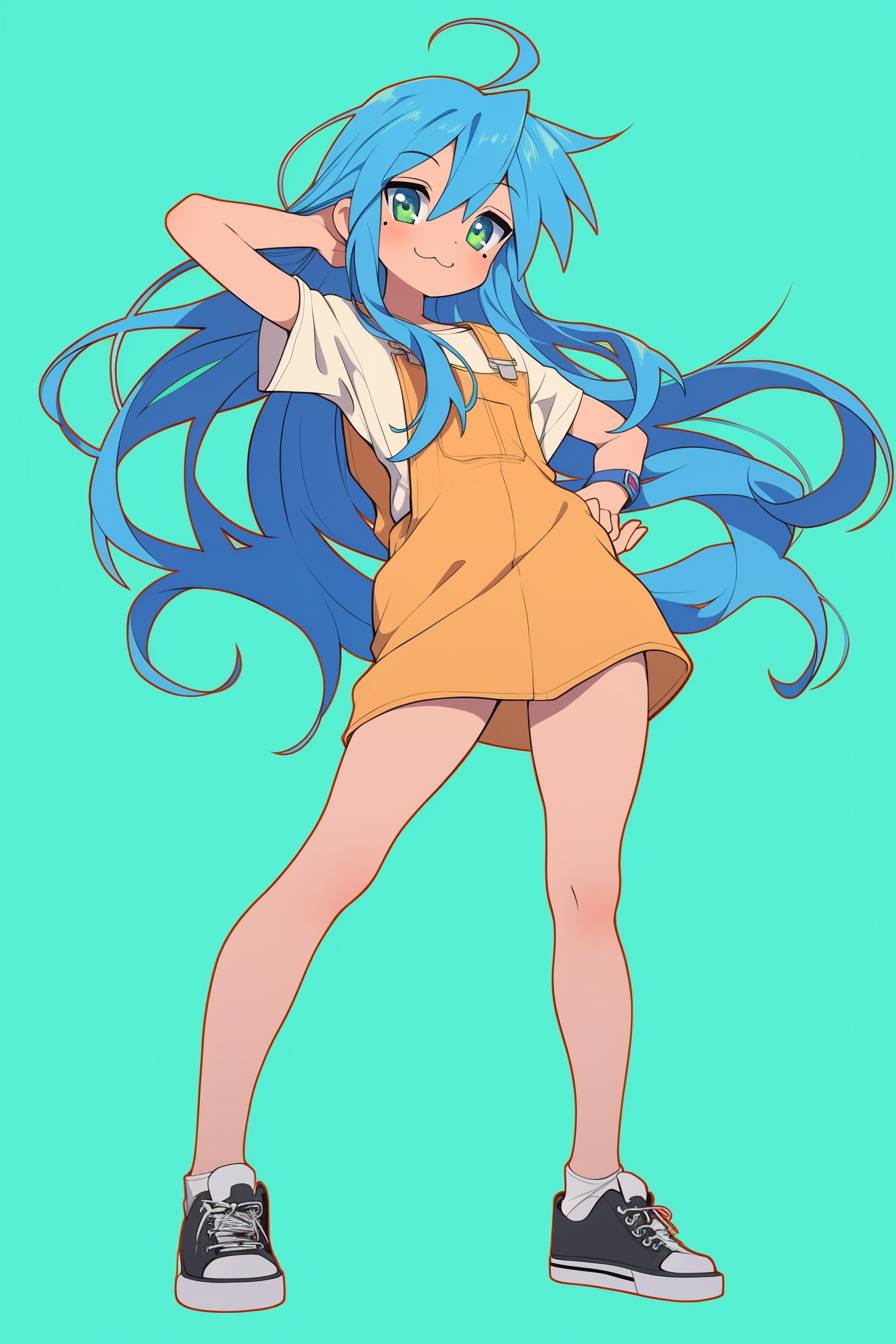 A quirky anime female character inspired by Konata Izumi from Lucky Star, with long blue hair in a graphic tee overall dress and canvas shoes in a playful pose against a mint green background.