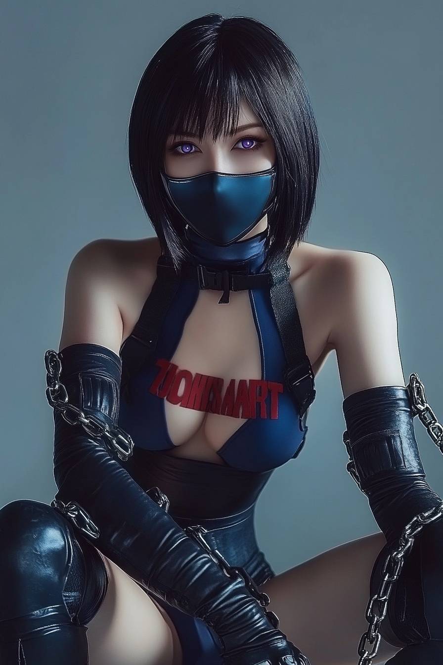 Tifa Lockhart in a black and blue bodysuit with red text, posed seated, wearing an open face mask, chains around her neck, gray background.