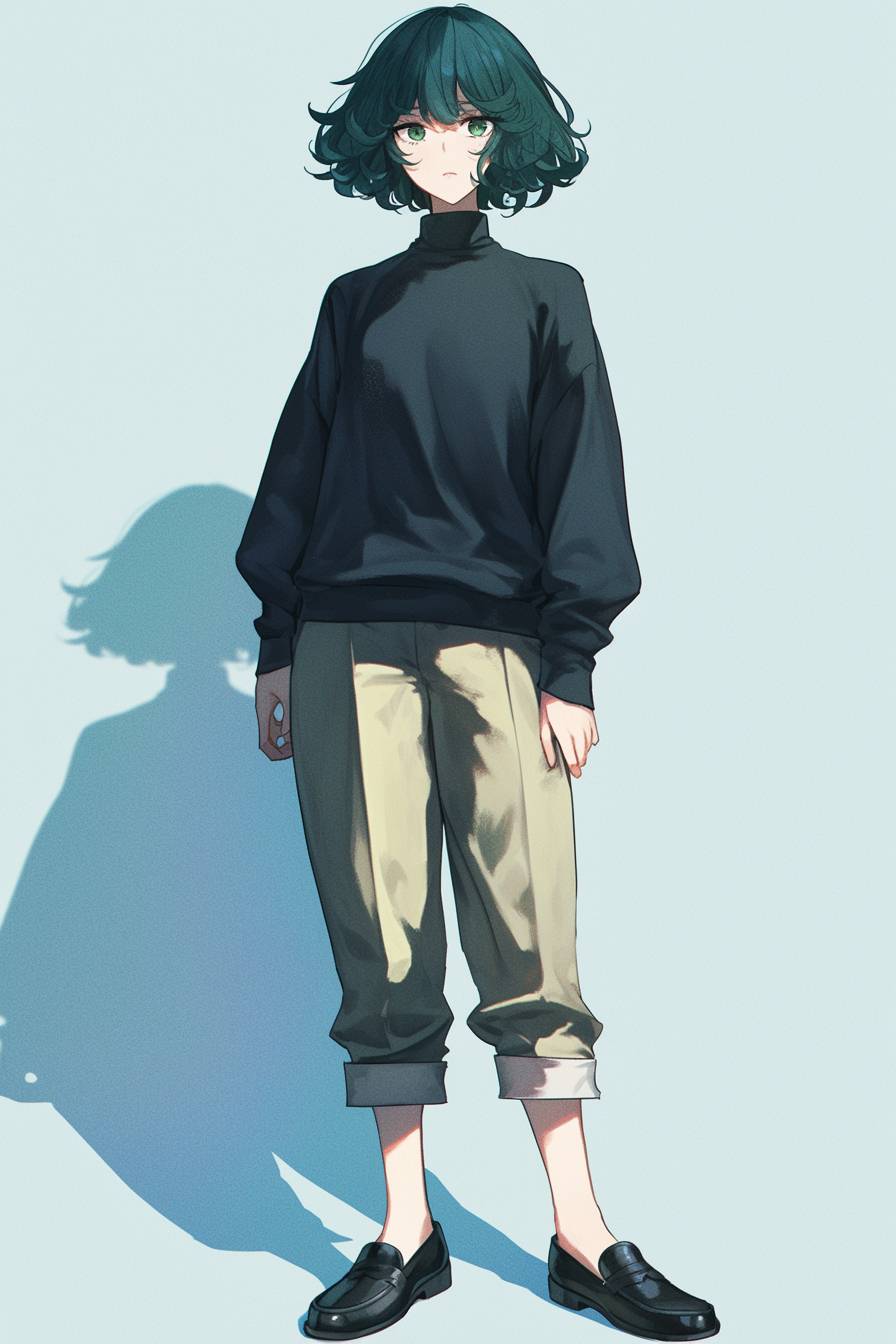 A calm anime female character inspired by Fubuki from One Punch Man with dark green hair, wearing a sleek turtleneck sweater, wide-leg pants, and loafers against a pale blue background.