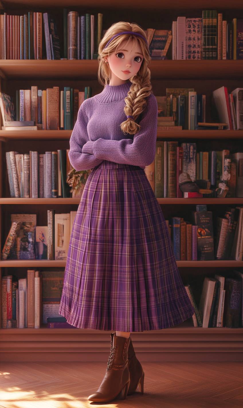 Dreamy anime girl in a purple sweater, plaid long skirt, leather shoes, wearing a headband, library setting, soft purple hues, 4k anime quality