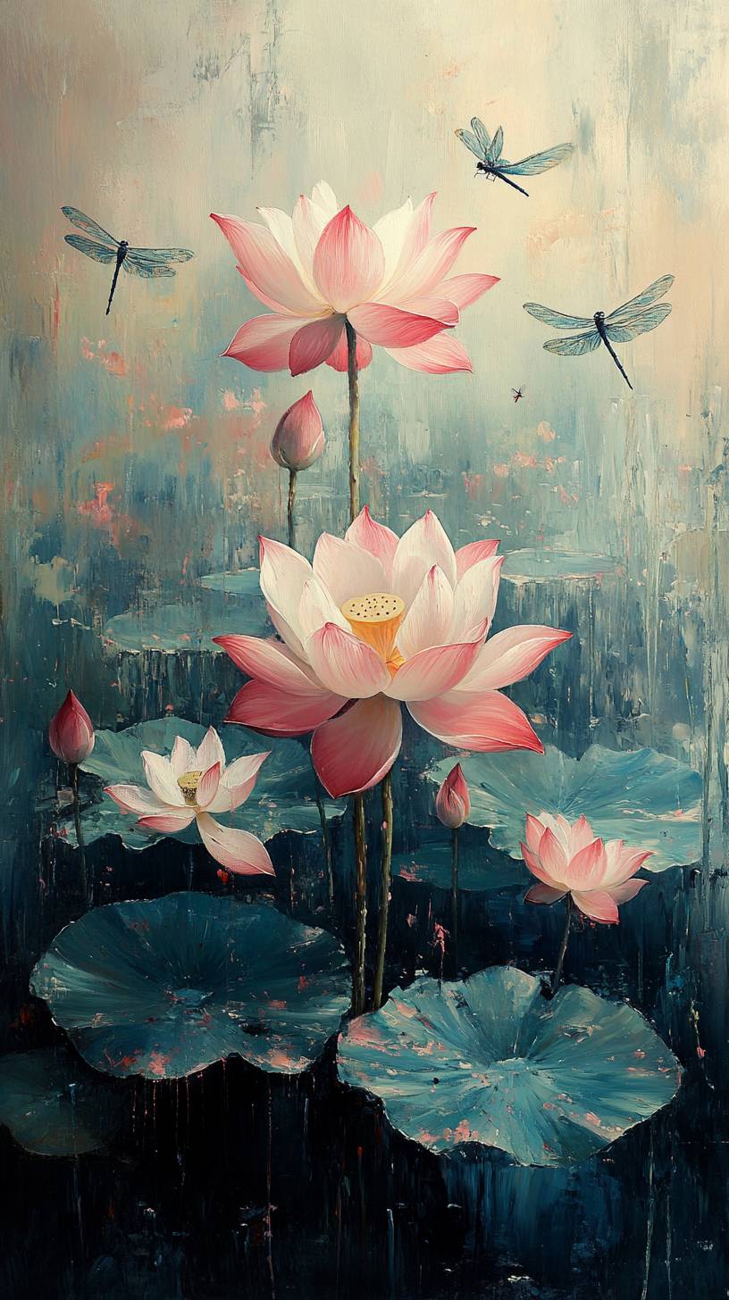 A serene lotus pond with dragonflies, soft pinks and greens, in the style of Monet.