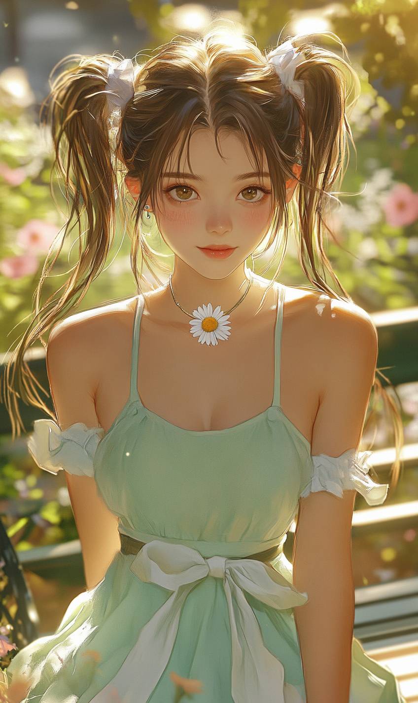 Une fille d'anime fraîche avec de longs cheveux en chignons, portant une robe d'été vert menthe et des baskets blanches, dans un jardin fleuri sous une lumière dorée.