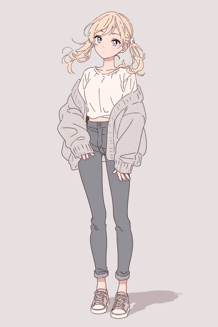 A gentle anime female character with ash-blonde pigtails in a cardigan crop top, jeans, and ballet flats, set against a light gray background.