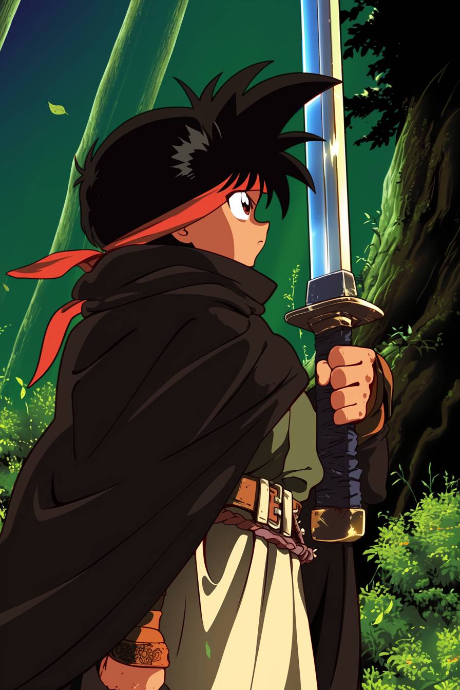 Bill Hader en costume de Hiei de Yu Yu Hakusho, portant une cape noire et brandissant une épée dans une forêt sombre, style anime vibrant.