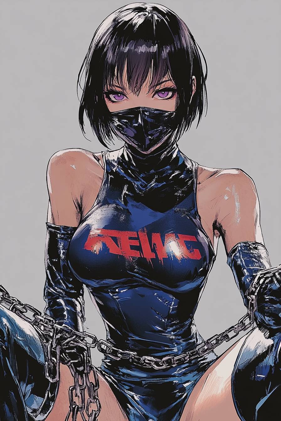 A beautiful Revy in a black and blue bodysuit with red text, short dark hair, and purple eyes, sitting pose.