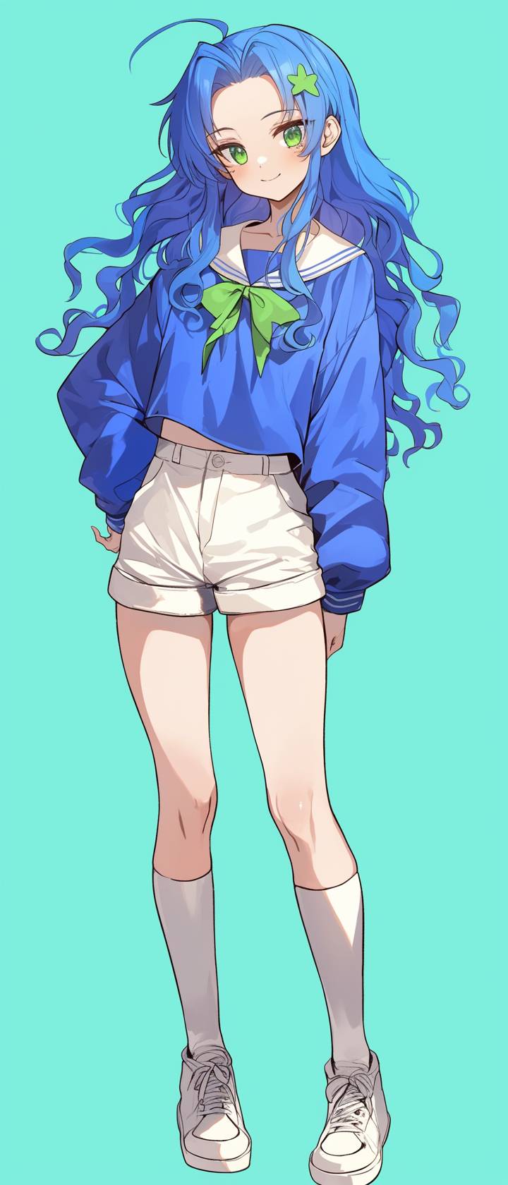 Sabrina Carpenter is cosplaying as Konata Izumi from Lucky Star, wearing a Miu Miu blue sailor top and white shorts.