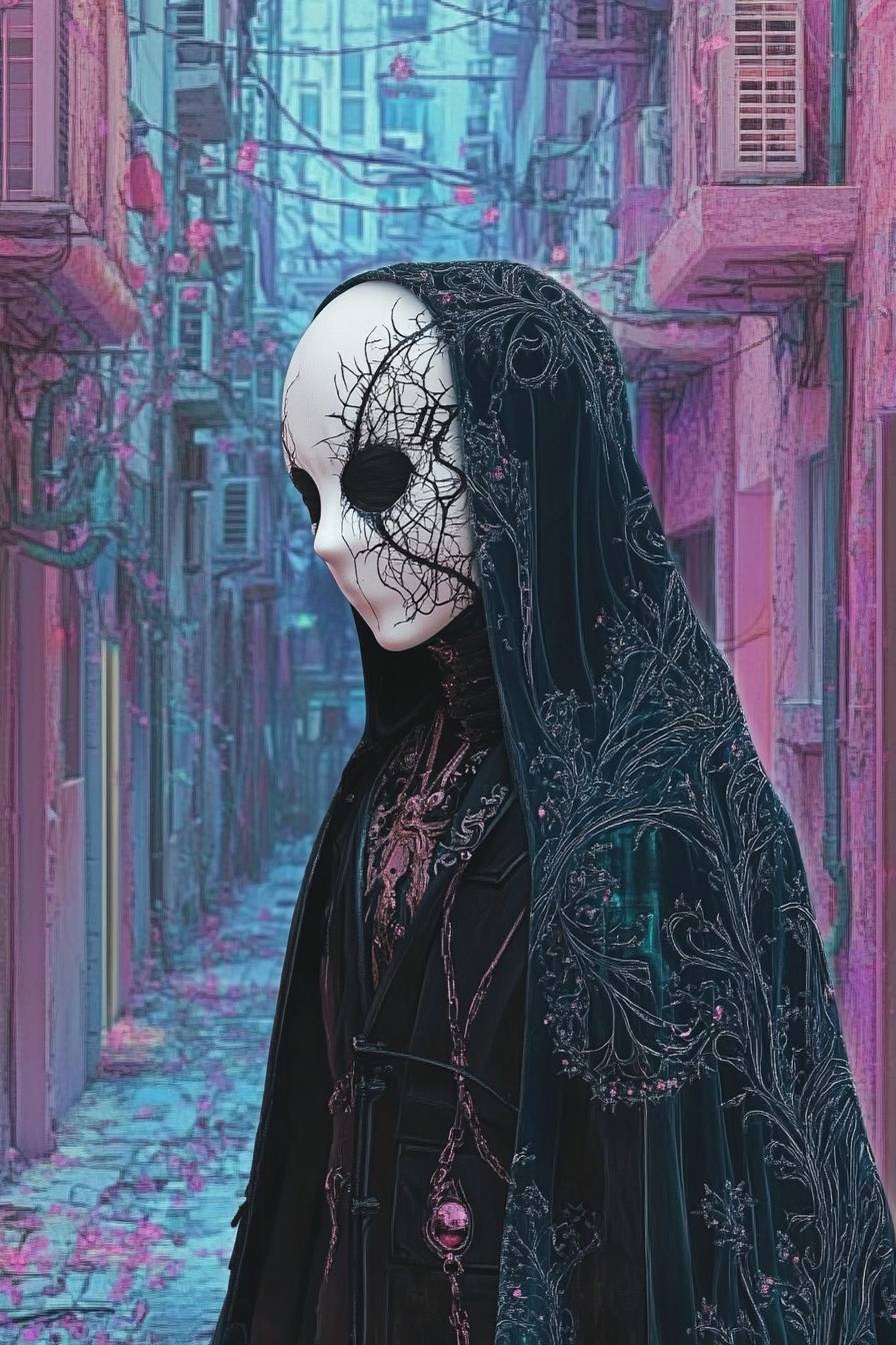 Robert Pattinson cosplaying as Kaneki Ken from Tokyo Ghoul, wearing a white mask with black tendrils in a dark alleyway.