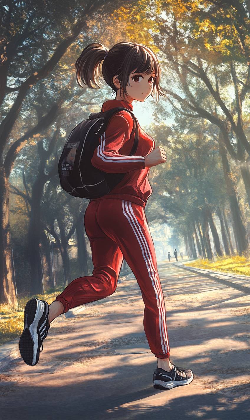 Una chica de anime animada con un chándal rojo corriendo en el parque por la mañana.