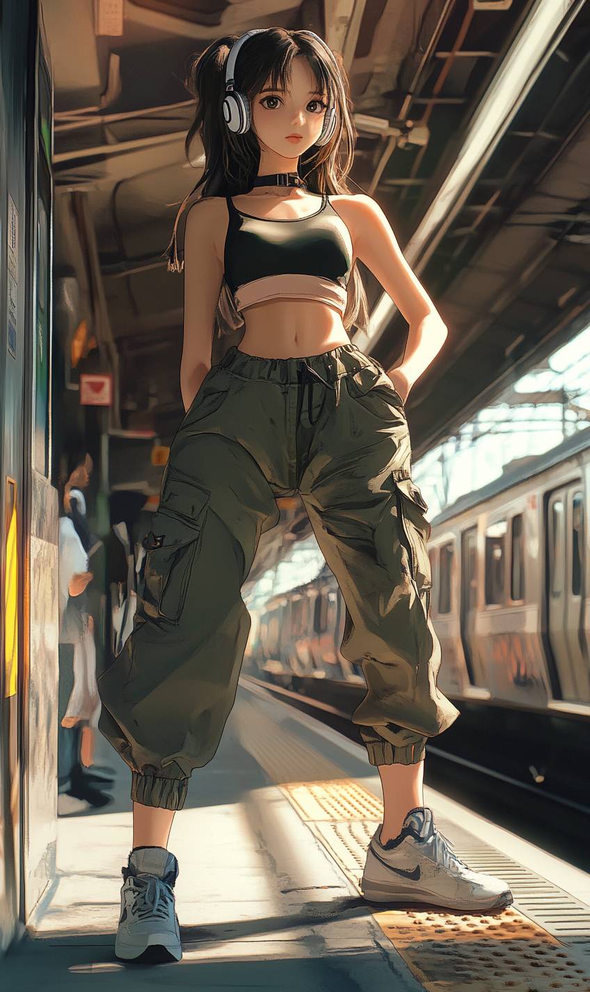 Uma garota de anime trendy em calças cargo, cropped top e tênis, usando fones de ouvido em uma estação de metrô, com uma sensação urbana moderna.