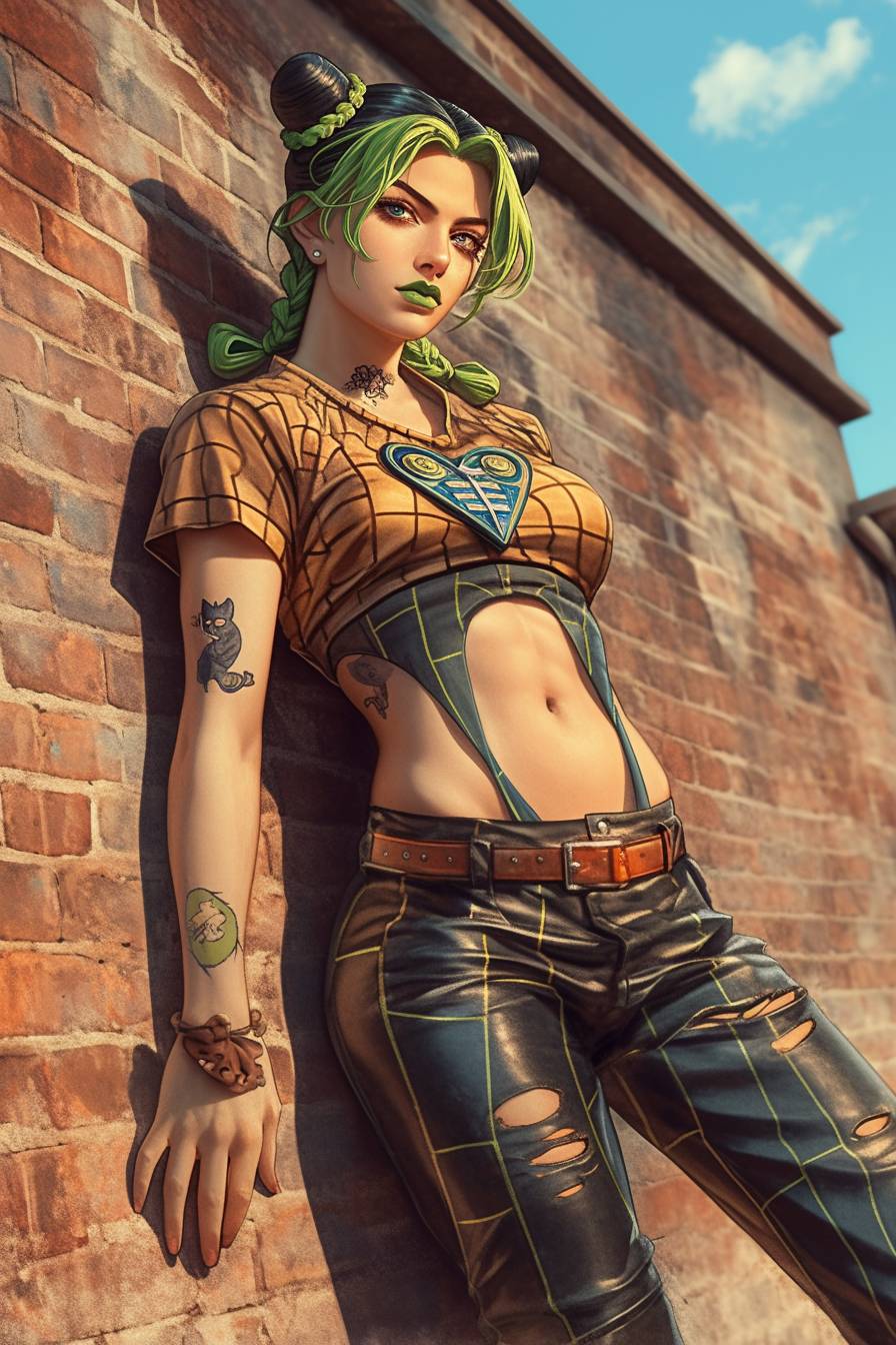 Jolyne Cujoh in einem mutigen Alltagslook wie Rihanna, mit einem Grafik-T-Shirt, Lederhosen und Stiefeln, an einer Ziegelmauer gelehnt.