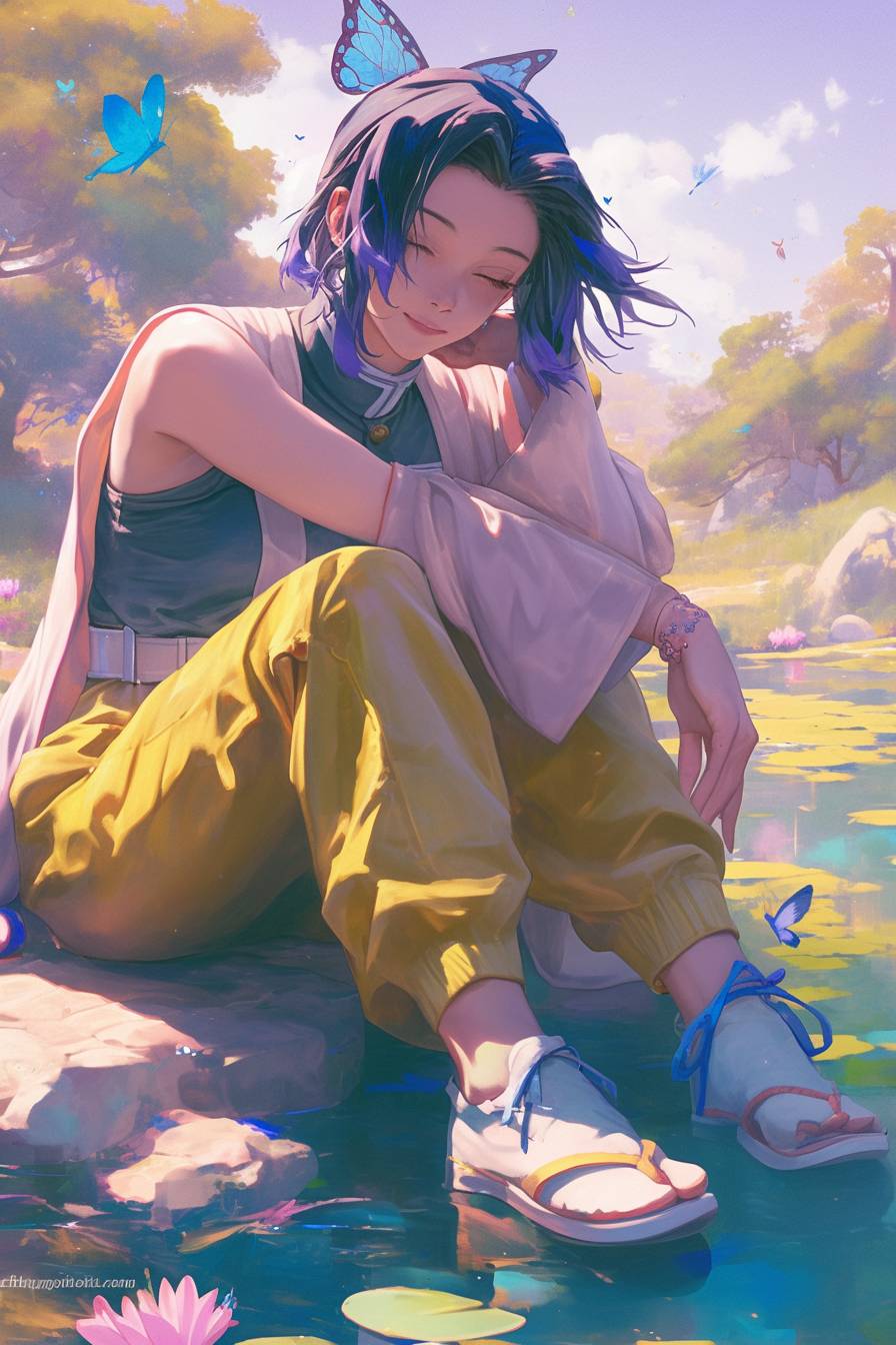 Shinobu Kocho from Demon Slayer wears Selena Gomez's comfy look, resting by a tranquil pond.