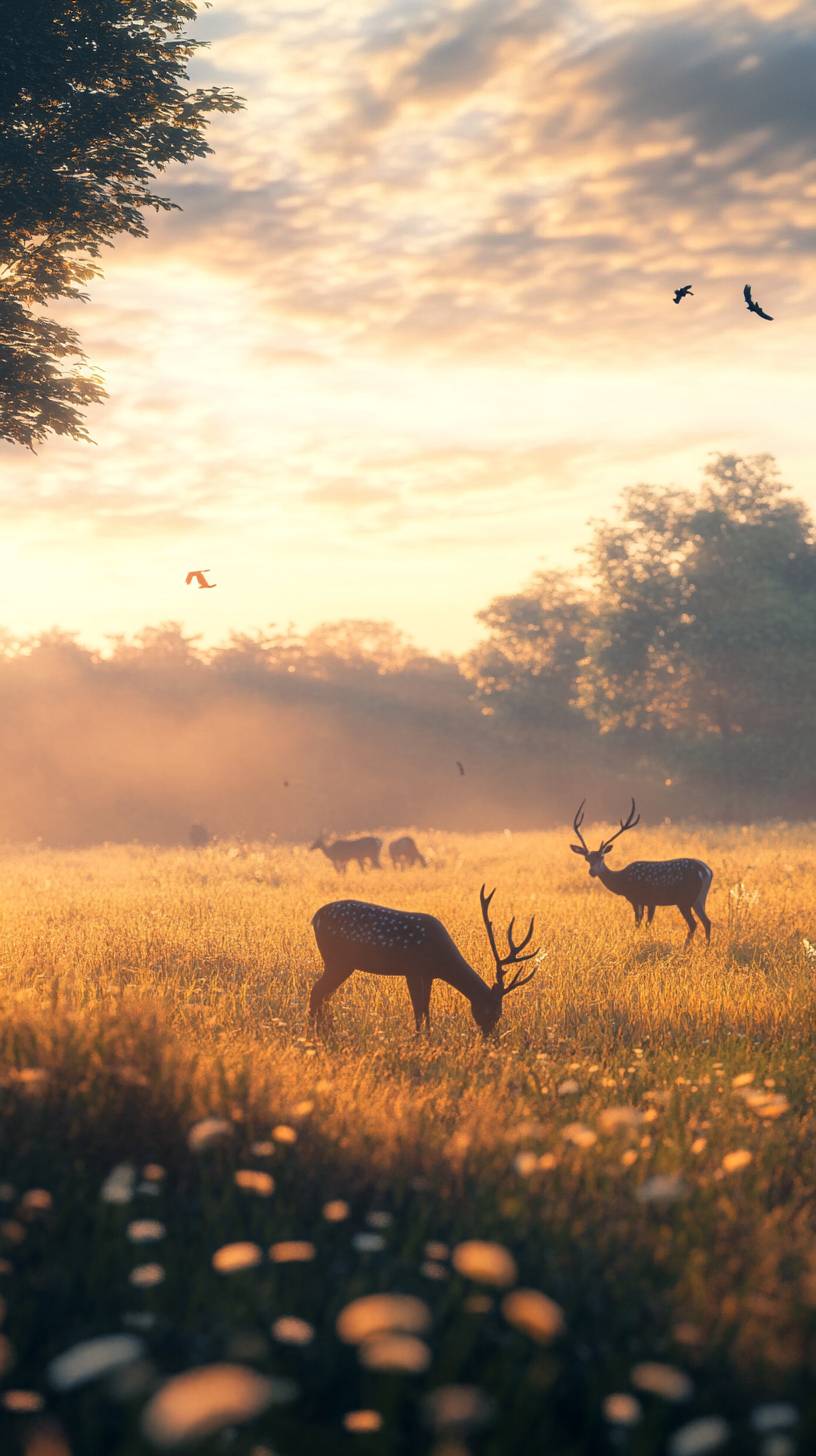 Des cerfs broutent dans une prairie paisible au lever du soleil.