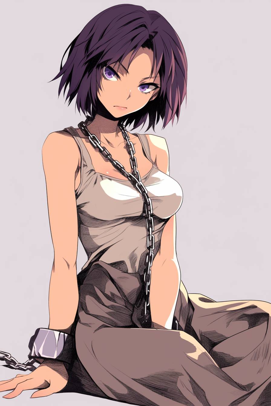 Una hermosa Yoruichi Shihouin con falda larga y top, ojos púrpuras y pelo corto, en pose sentada.