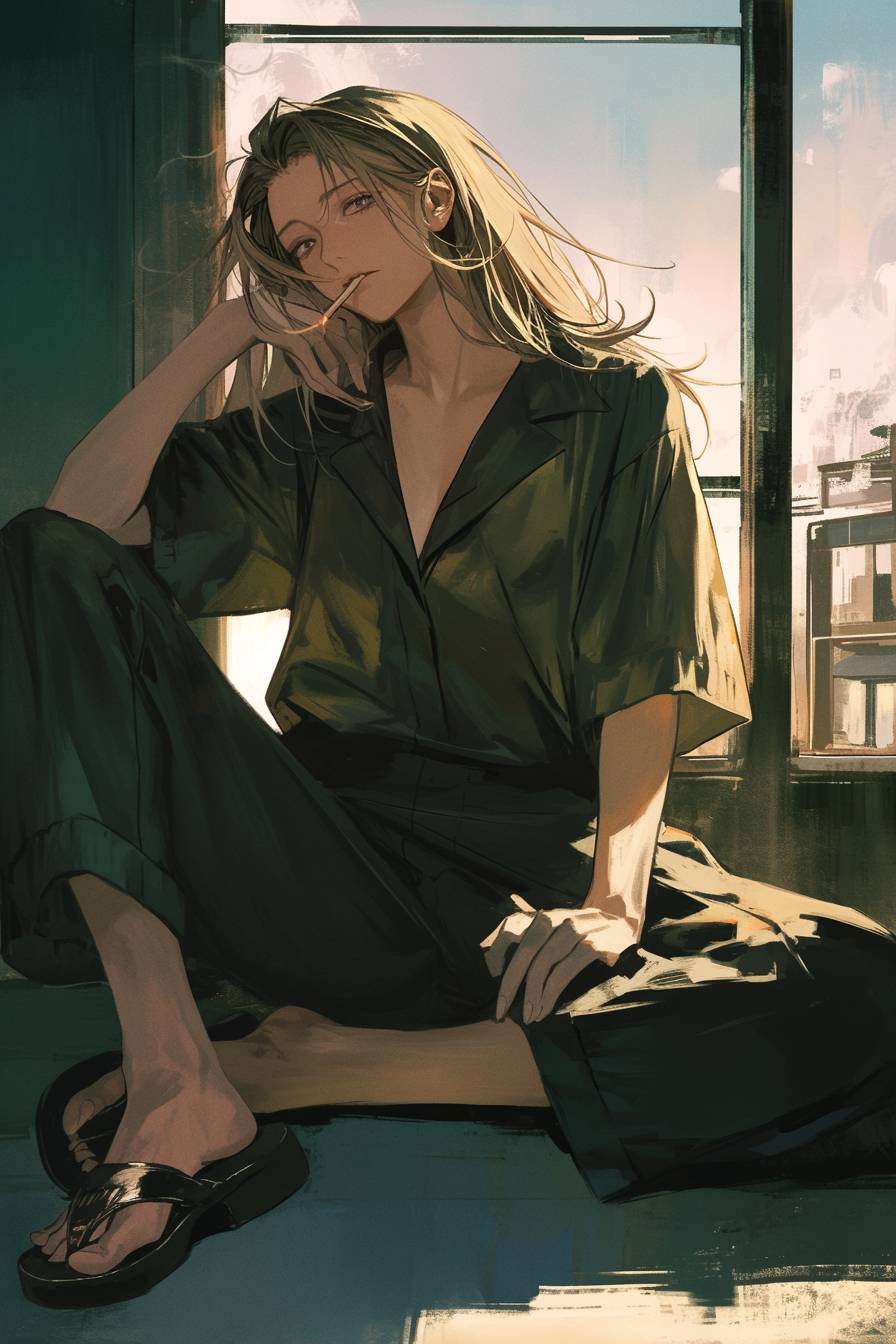 Shoko Ieiri from Jujutsu Kaisen wears Anya Taylor-Joy's subtle look, casually smoking by a hospital window.