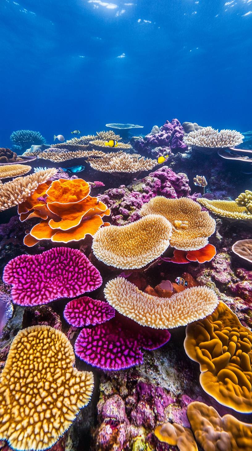 A vibrant coral reef with colorful fish swimming underwater.