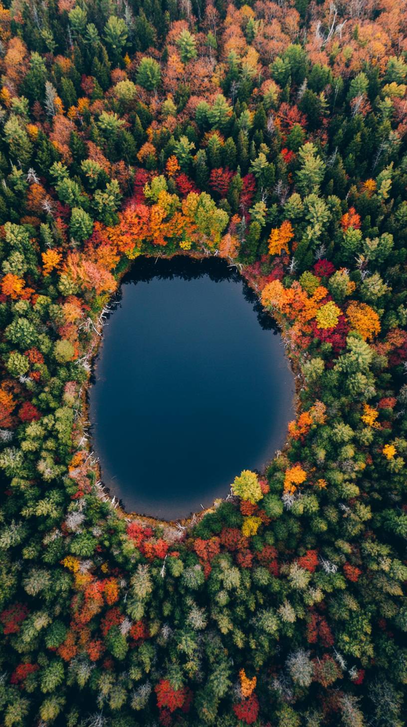 Un lac automnal vibrant entouré d'arbres colorés.