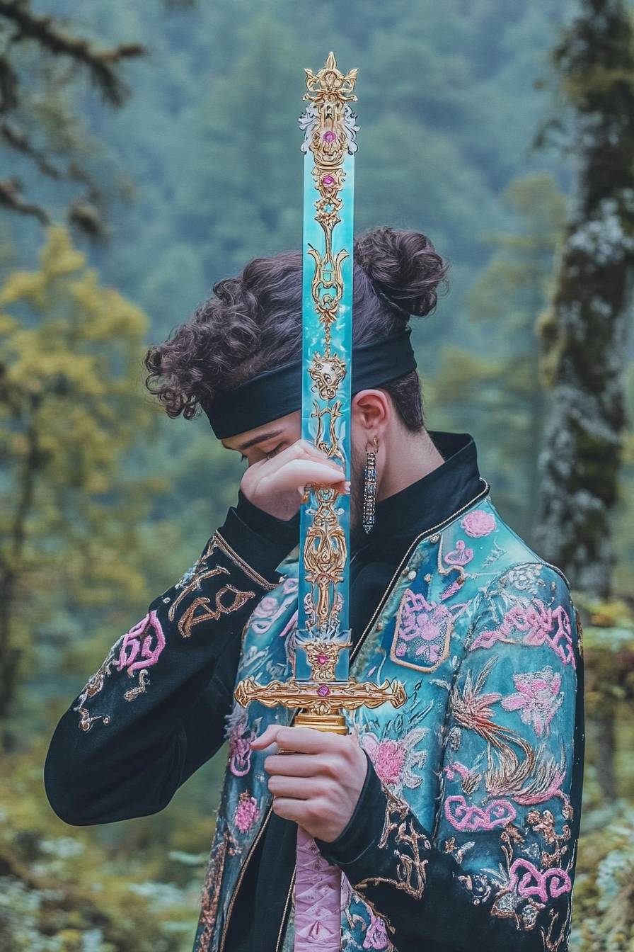 Chris Evans cosplaying as Asta from Black Clover, wearing a black headband and wielding an anti-magic sword in a magical forest.