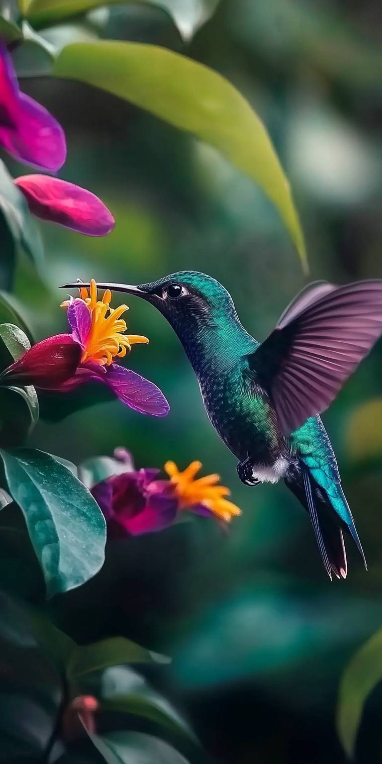 A hummingbird is sipping nectar from a vivid flower.