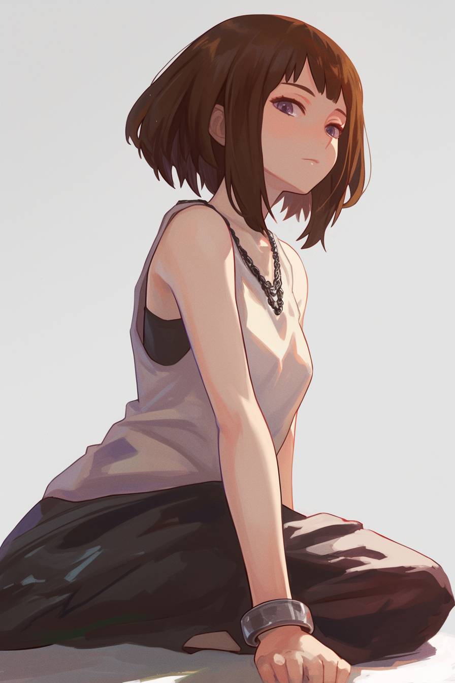 A beautiful Ochaco Uraraka in a long skirt and tank top, short bob cut dark hair, sitting pose.