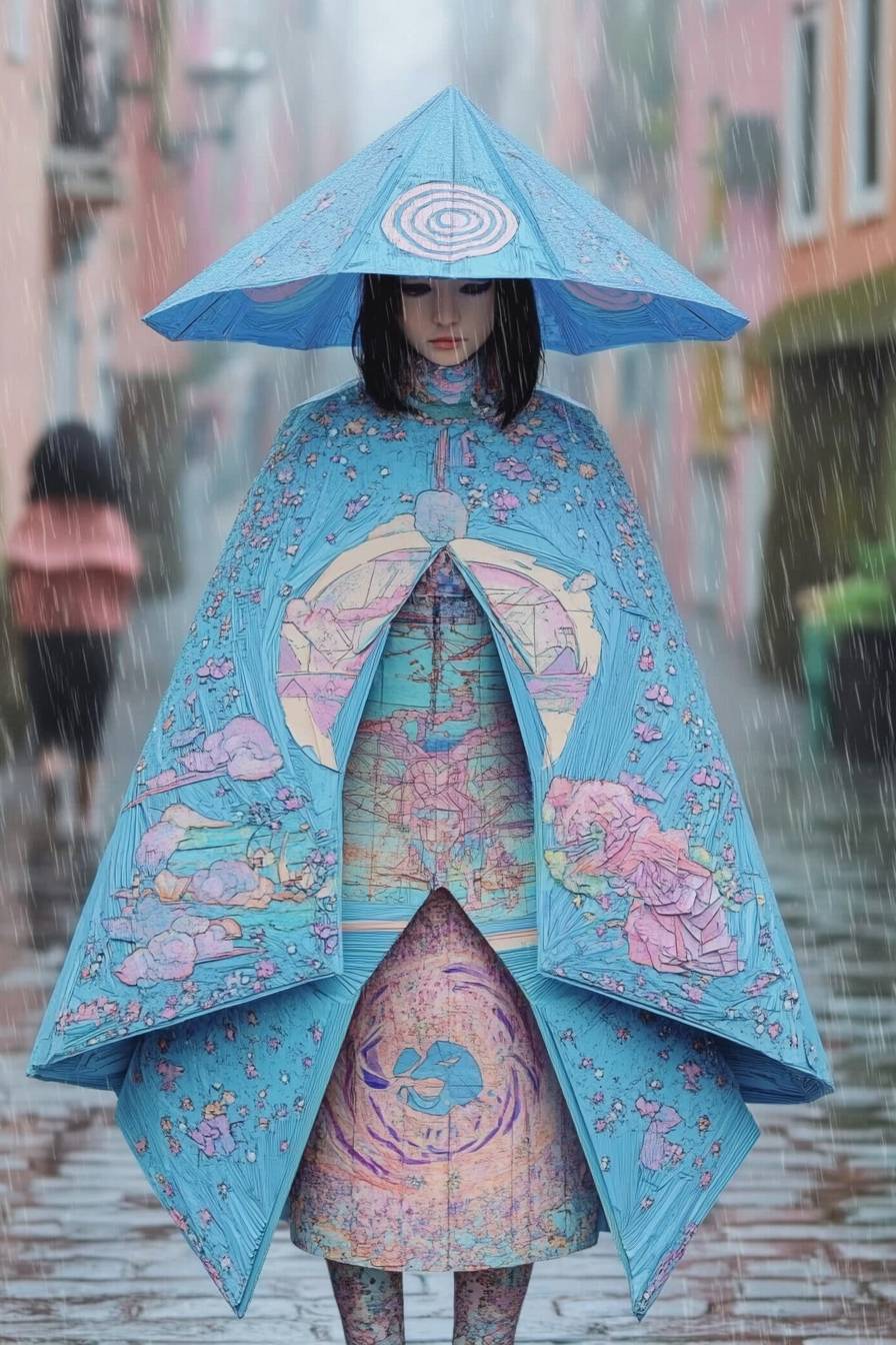 Adele cosplaying as Konan from Naruto, wearing a blue paper cloak, forming origami in a rainy village, detailed anime style.